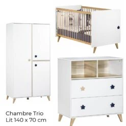 Chambre Trio évolutif Bébé Lit Little Big Bed 70x140 Cm + Armoire + Commode Oslo Etoile -Lilliputiens Soldes chambre trio lit little big bed 140 x 70 commode armoire oslo etoile sauthon meubles OG